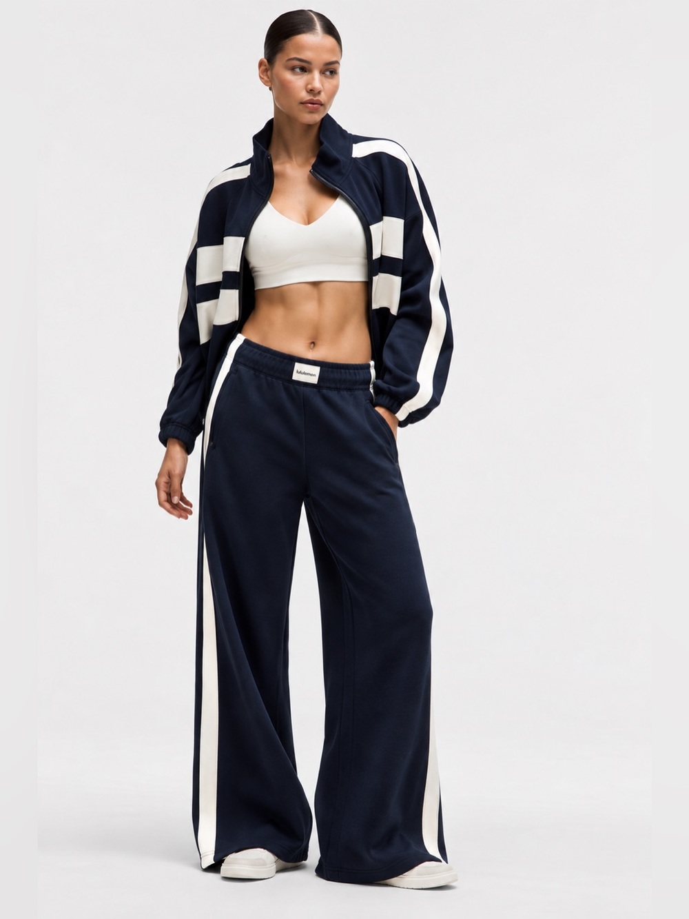 Lululemon Navy Wide Leg Sweatpants White Side Stripe Pull On